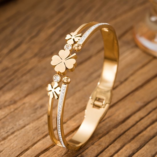 Sjika - Gold Plated Armband Dames – Klavertje Vier – Zirkonia – Geluksarmband – Luxe Cadeau