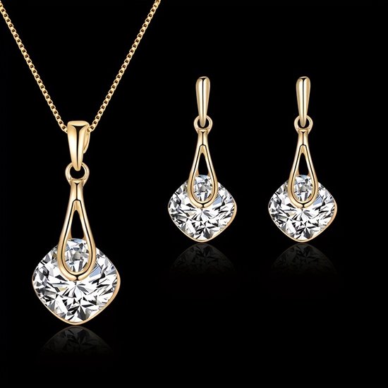 Sjika - Gouden Sieradenset Dames – Ketting & Oorbellen met Zirkonia – Elegante Luxe Set – Gold Plated – Cadeau voor Haar