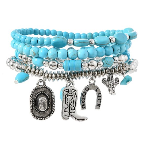 Sjika - Boho Armbandenset Dames – 4 Delige Armbanden met Turquoise Kralen & Bedels – Stretch Armband Set – Bohemian Sieraden - Voor Haar