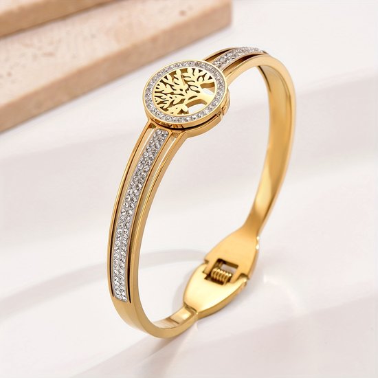 Sjika - Levensboom Armband Dames Goudkleurig – Tree of Life – Zirkonia – Bangle Armband – Verstelbaar - Cadeau