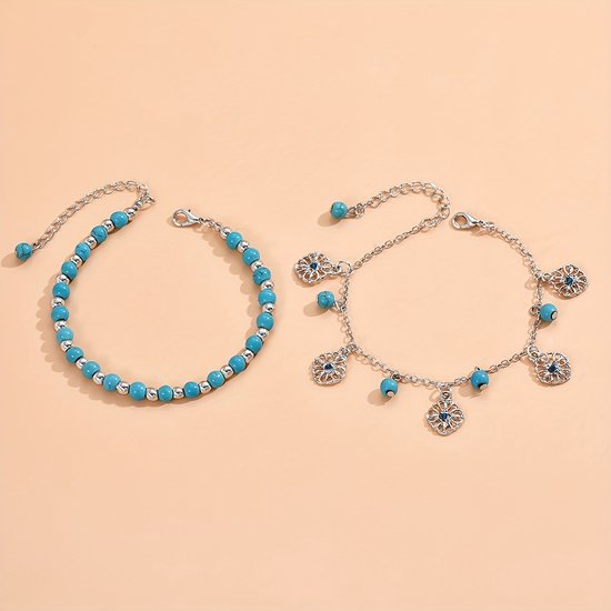 Sjika - Dubbele Enkelband Dames – Turquoise Kralen & Zilveren Bedels – Boho Enkelbandje Verstelbaar – Zomer Strand Sieraad - Cadeau voor haar