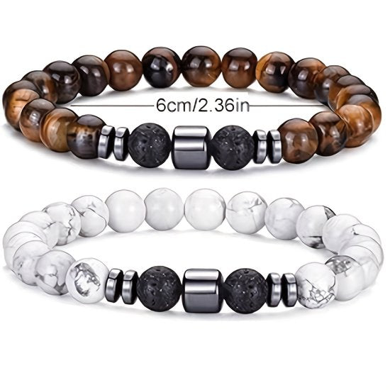 Sjika - Set van 4 natuursteen armbanden – Lava, Tijgeroog, Howliet & Onyx – Heren en dames – Elastisch – Luxe kralenarmbanden – Perfect cadeau voor hem