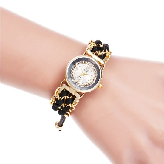 Sjika - Trendy Goudkleurig Dames Horloge – Armband Stijl – Quartz Uurwerk – Zwart Vlechtkoord & Kristallen - Cadeau voor haar