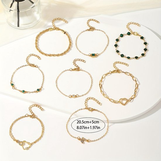 Sjika - Armbandenset Dames Goud – 8 Delige Armbanden Set – Fijne Minimalistische Armbandjes met Bedels & Steentjes – Verstelbaar - Cadeau voor haar
