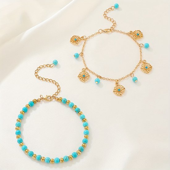 Sjika - Dubbele Enkelband Dames – Turquoise Kralen & Zilveren Bedels – Boho Enkelbandje Verstelbaar – Zomer Strand Sieraad - Cadeau voor haar