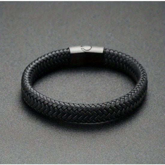 Sjika - Leren Armband Heren Zwart – Gevlochten Heren Armband met Magnetische Sluiting – Stoere Minimalistische Mannen Armband - Cadeau voor hem