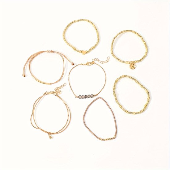 Sjika - Gold plated armbanden set – 7-delige damesarmbanden met kralen, bedels & hartdetail – Boho chic & elegant design – Perfect cadeau voor haar
