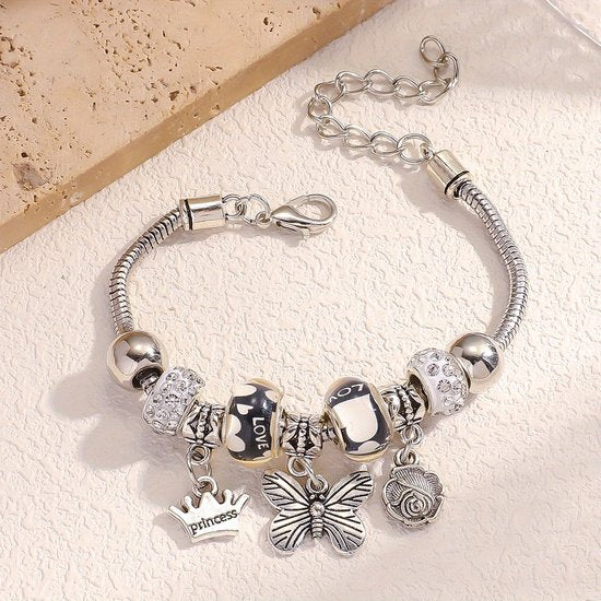 Sjika - Bedelarmband Dames Zilver plated – Armband met Bedels & Kristal Kralen – Pandora Style Charm Bracelet – Verstelbaar
