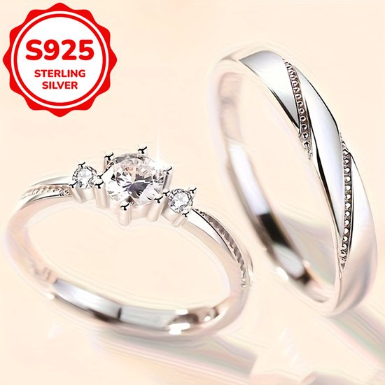 Sjika - S925 Sterling Silver Plated Unisex Koppelring Set – Trouwringen / Verlovingsringen / Vriendschapsringen - One Size – 2-Delige Ringenset met Zirkonia - Cadeau