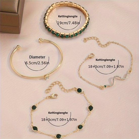 Sjika - Gouden Armbandenset Dames – 4 Delige Armbanden met Groene Zirkonia – Luxe Sieraden Set – Verstelbaar - Cadeau voor haar