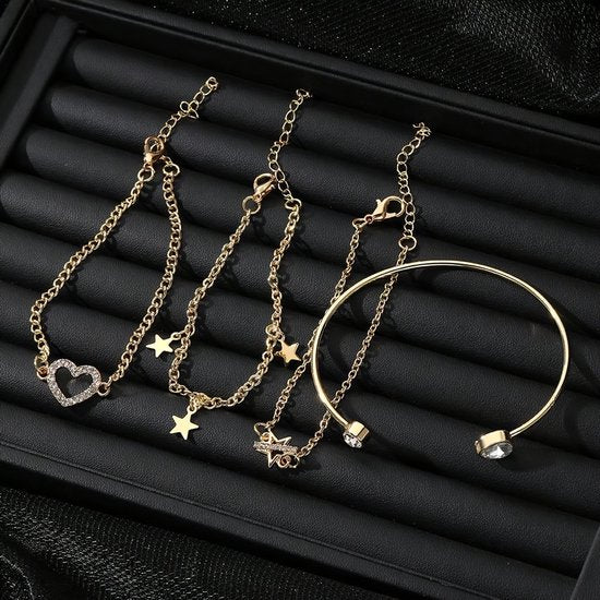 Sjika - Gouden Armbandenset Dames – 5 Delige Set met Hartje, Sterren & Zirkonia – Luxe Layered Armbanden – Verstelbaar - Cadeau voor haar