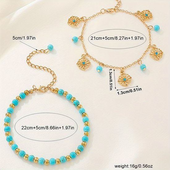 Sjika - Dubbele Enkelband Dames – Turquoise Kralen & Zilveren Bedels – Boho Enkelbandje Verstelbaar – Zomer Strand Sieraad - Cadeau voor haar