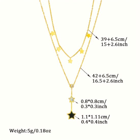Sjika - Gold plated ketting met sterren – Luxe damesketting met kristal – Dubbele laag & trendy design – Hypoallergeen