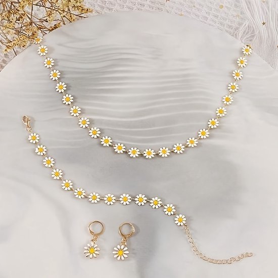 Sjika - Sieradenset Dames Bloemen – Ketting, Armband & Oorbellen – Madeliefjes Set – Zomers Sieraad – Cadeau voor haar