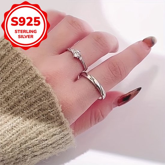 Sjika - S925 Sterling Silver Plated Unisex Koppelring Set – Trouwringen / Verlovingsringen / Vriendschapsringen - One Size – 2-Delige Ringenset met Zirkonia - Cadeau