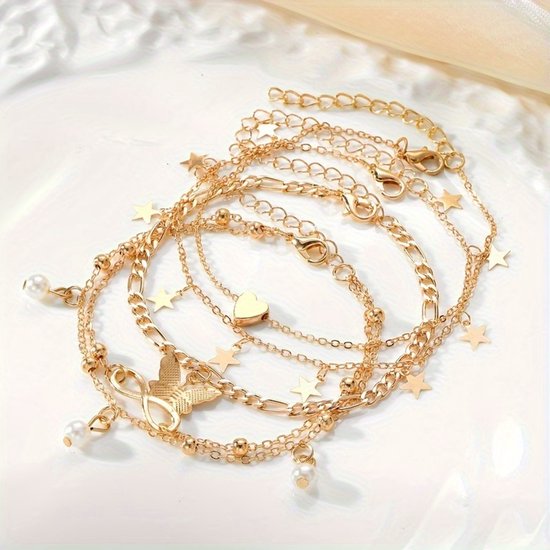 Sjika - Gouden Enkelbandjes Set Dames – 18K Gold Plated – Trendy Boho Style – Met Bedels & Parel Hangers – 5-delige Sieradenset