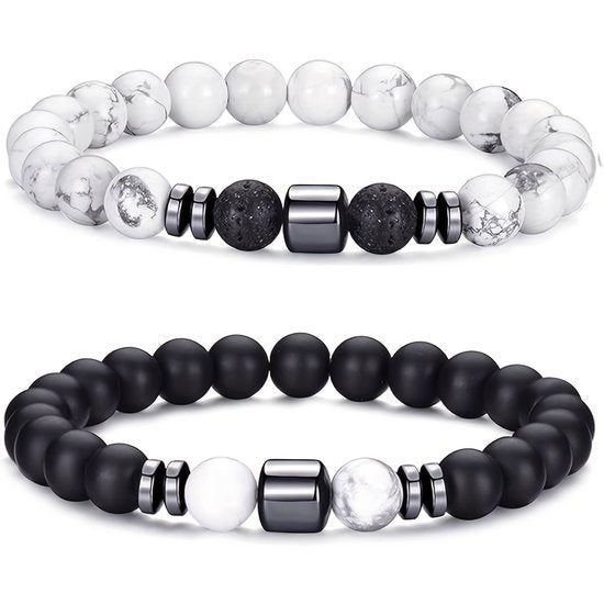 Sjika - Set van 4 natuursteen armbanden – Lava, Tijgeroog, Howliet & Onyx – Heren en dames – Elastisch – Luxe kralenarmbanden – Perfect cadeau voor hem