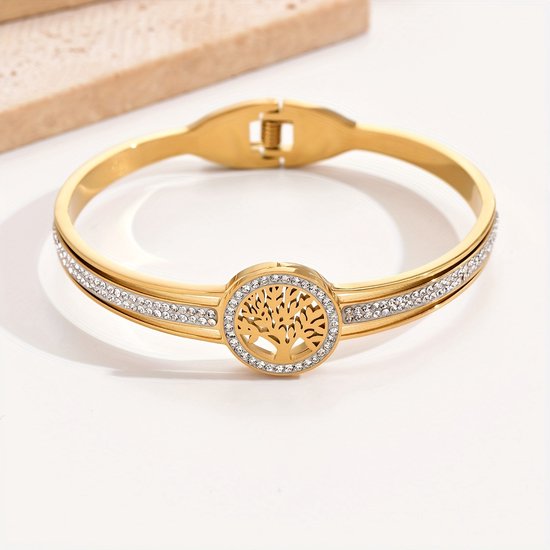 Sjika - Levensboom Armband Dames Goudkleurig – Tree of Life – Zirkonia – Bangle Armband – Verstelbaar - Cadeau