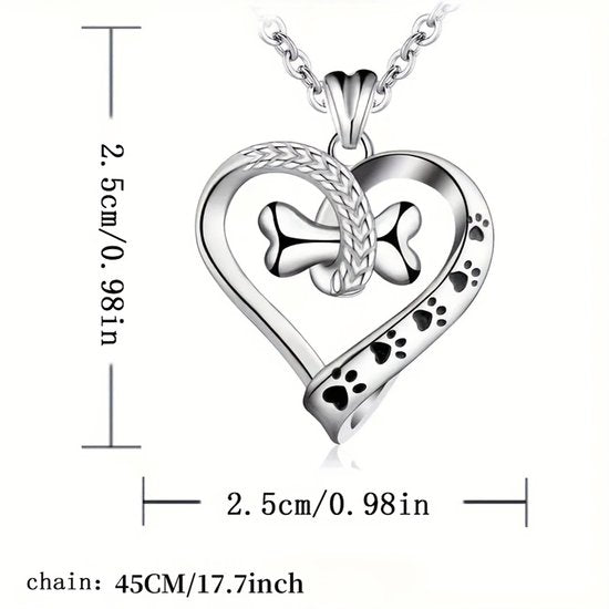 Sjika - Honden Ketting Dames – Hart Ketting met Pootjes & Bot – Zilveren Huisdier Ketting – Cadeau voor Hondenliefhebber - Cadeau voor haar