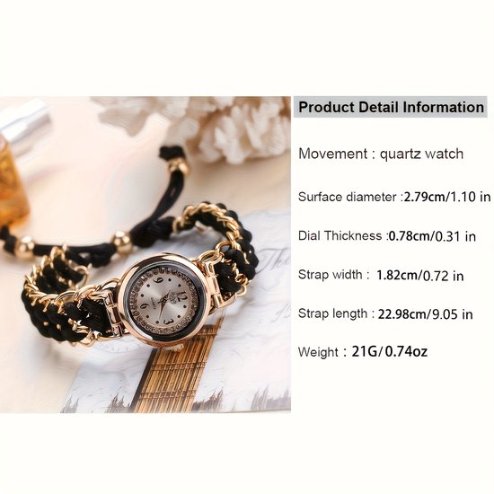 Sjika - Trendy Goudkleurig Dames Horloge – Armband Stijl – Quartz Uurwerk – Zwart Vlechtkoord & Kristallen - Cadeau voor haar