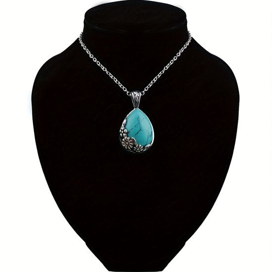 Sjika - Zilveren Ketting Dames met Turquoise Hanger – Druppelvorm Natuursteen Look – Boho Ketting – Sieraad Cadeau