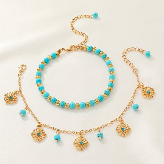 Sjika - Dubbele Enkelband Dames – Turquoise Kralen & Zilveren Bedels – Boho Enkelbandje Verstelbaar – Zomer Strand Sieraad - Cadeau voor haar