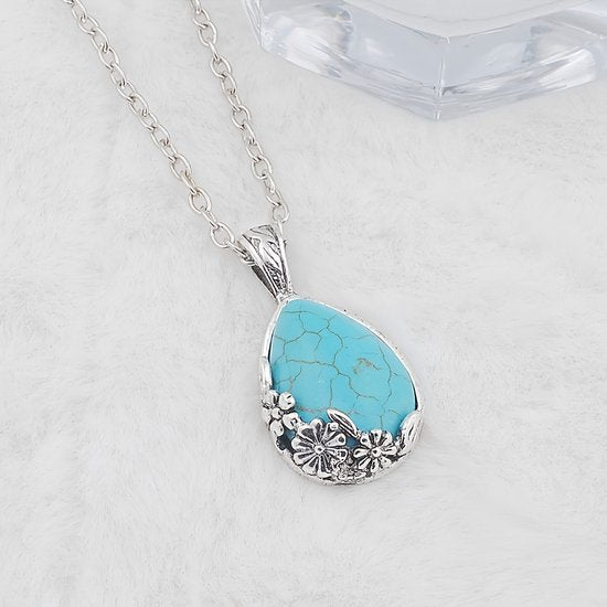 Sjika - Zilveren Ketting Dames met Turquoise Hanger – Druppelvorm Natuursteen Look – Boho Ketting – Sieraad Cadeau