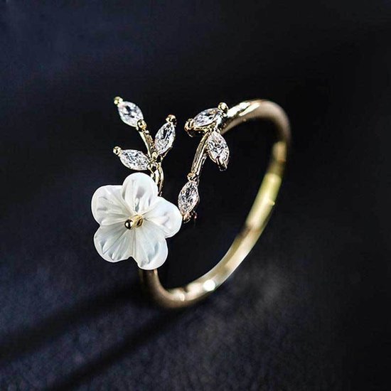 Sjika - Gouden Bloemen Ring Dames – Verstelbare Ring met Bloem & Zirkonia – Elegante Open Ring – Gold Plated - Cadeau voor haar