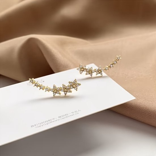 Sjika - Gouden Oorbellen met Kristallen Bloemen – Luxe Dames Sieraad - Cadeau