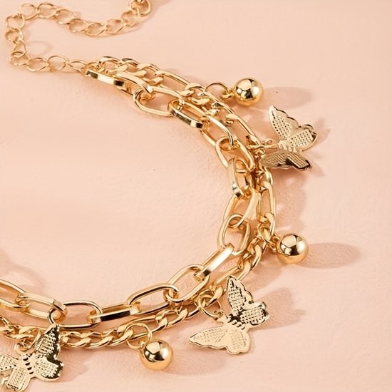 Sjika - Gouden Vlinder Armband Dames – Schakelarmband met Bedels – Verstelbare Armband – Trendy Sieraad – Gold Plated