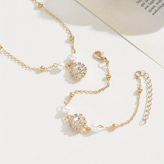 Sjika - Gouden Sieradenset Dames – Ketting & Armband met Parels en Zirkonia – Luxe Elegante Set – Gold Plated - Cadeau voor haar