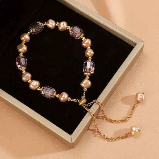 Sjika - Elegante Dames Armband met Parel & Facet Kralen – Luxe Verstelbaar Goud Design - Cadeau voor haar
