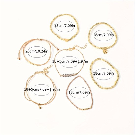 Sjika - Gold plated armbanden set – 7-delige damesarmbanden met kralen, bedels & hartdetail – Boho chic & elegant design – Perfect cadeau voor haar