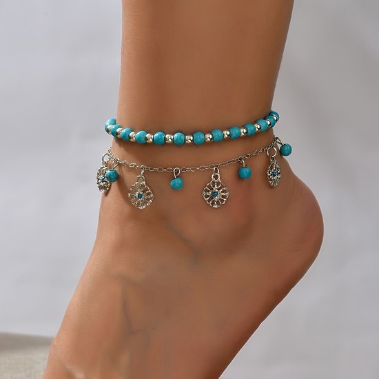Sjika - Dubbele Enkelband Dames – Turquoise Kralen & Zilveren Bedels – Boho Enkelbandje Verstelbaar – Zomer Strand Sieraad - Cadeau voor haar