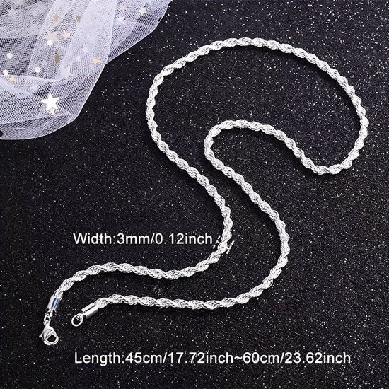 Sjika - Zilverkleurige Rope Chain Heren Ketting – 3 mm – RVS – Gedraaide touwschakel – Stoere & stijlvolle heren ketting - Cadeau voor hem