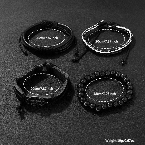 Sjika - Heren Horloge & Armbanden Set – Zwart – Leren Band – Mode Accessoire Set – Trendy & Klassiek – Cadeau voor Mannen
