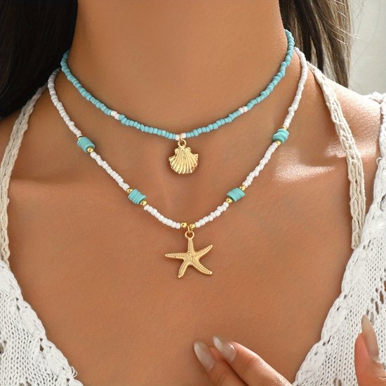 Sjika - Bohemian Strand Ketting Dames – 2 Delige Kralen Ketting Set met Zeester & Schelp Hanger – Zomer Choker Kettingen Wit Blauw Goud - Cadeau voor haar