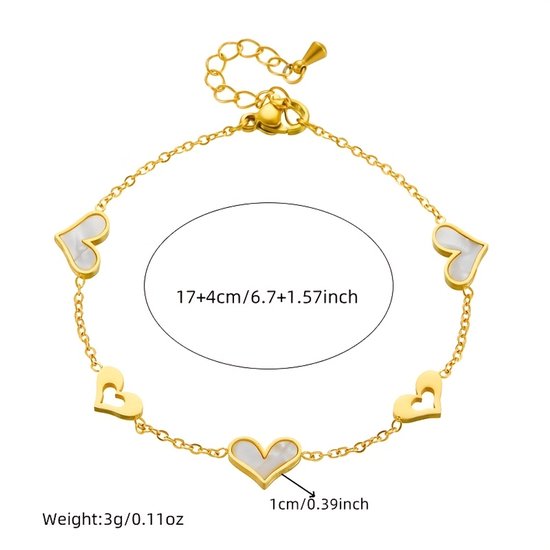 Sjika - Dames Armband Goudkleur – Elegante Hartjes Armband met Parelmoer – Verstelbaar Cadeau Sieraad