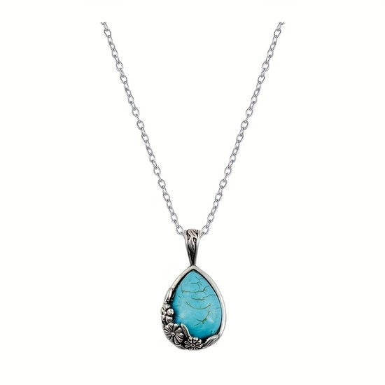 Sjika - Zilveren Ketting Dames met Turquoise Hanger – Druppelvorm Natuursteen Look – Boho Ketting – Sieraad Cadeau