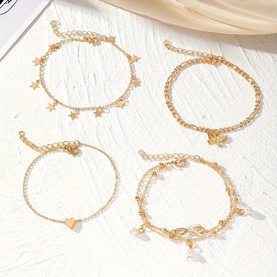 Sjika - Gouden Enkelbandjes Set Dames – 18K Gold Plated – Trendy Boho Style – Met Bedels & Parel Hangers – 5-delige Sieradenset