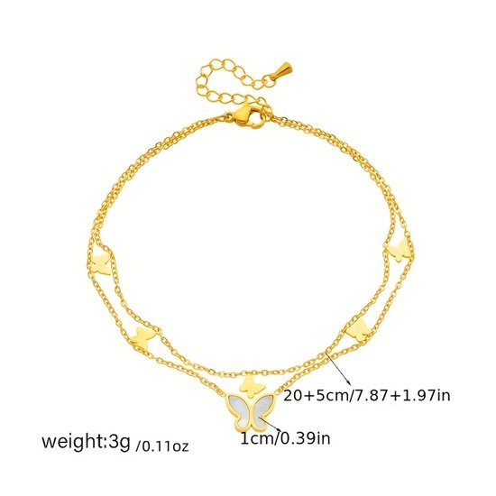 Sjika - Trendy Enkelbandje Dames – 18K Gold Plated Dubbele Enkelketting met Vlinderbedel - Cadeau