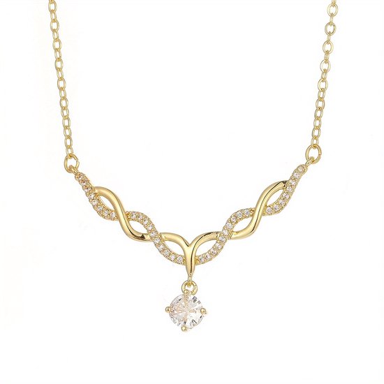 Sjika - Elegante 18k Goud Plated Ketting met Golvend Ontwerp en Zirkonia – Sprankelende Damesketting - Cadeau voor haar