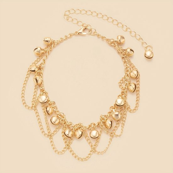 Sjika - Goudkleurige Enkelband met Hartjes & Dubbele Ketting – Luxe Layered Ankle Bracelet – Verstelbaar – Strand & Zomer Sieraad - Cadeau voor haar