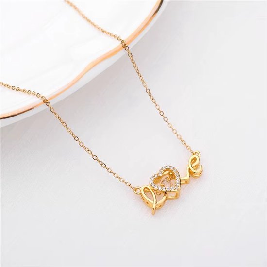 Sjika - Love Ketting Dames Goudkleurig – Hartjes Ketting met Strass Steentjes – Elegante Liefde Ketting – Trendy Dames Sieraden - Cadeau voor haar