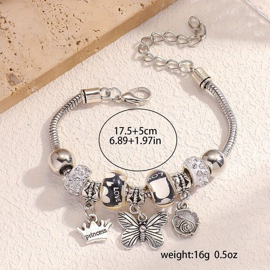 Sjika - Bedelarmband Dames Zilver plated – Armband met Bedels & Kristal Kralen – Pandora Style Charm Bracelet – Verstelbaar