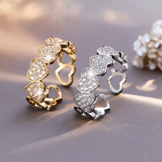 Sjika - Zilveren Hartjes Ring Dames – Verstelbare Ring met Zirkonia – Romantisch Sieraad – Cadeau voor Haar