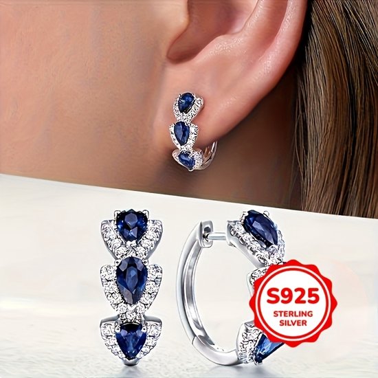 Sjika - S925 Sterling Zilveren Oorringen met Blauwe Steen – Luxe Kristal Oorbellen – Dames - Cadeau