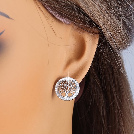 Sjika - Zilveren Levensboom Oorbellen – Ronde Oorknopjes met Zirkonia – Elegant & Tijdloos – Cadeau voor Haar
