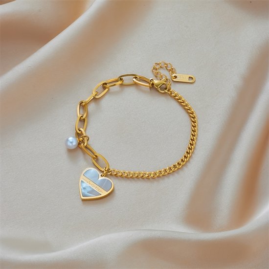 Sjika - Gouden Armband met Hart Hanger & Parel – Liefdes Armband – Verstelbaar – Luxe Dames Sieraad