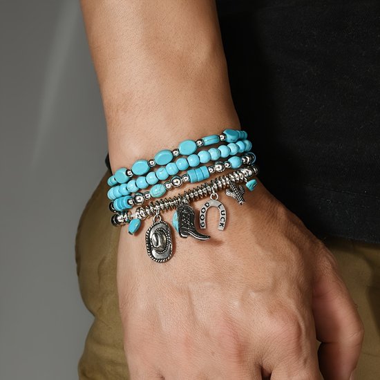 Sjika - Boho Armbandenset Dames – 4 Delige Armbanden met Turquoise Kralen & Bedels – Stretch Armband Set – Bohemian Sieraden - Voor Haar